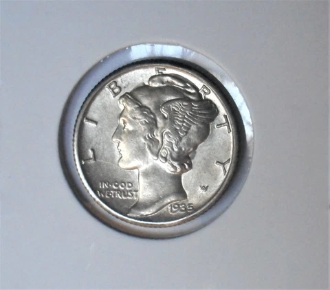 1935-s . Mercury Dime . Choice BU . MS . Unc . Uncirculated . 10 Cents . Color Cover