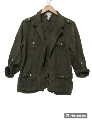 Talla M London Jean Mujer LINO Carga Utilitaria Camisa Chaqueta Militar Verde Pestaña Enrollable Foto 1 de 4