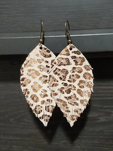 Handmade GENUINE Leather Mini Feather Earrings Beige & Rose Gold Leopard 2" - Picture 1 of 1