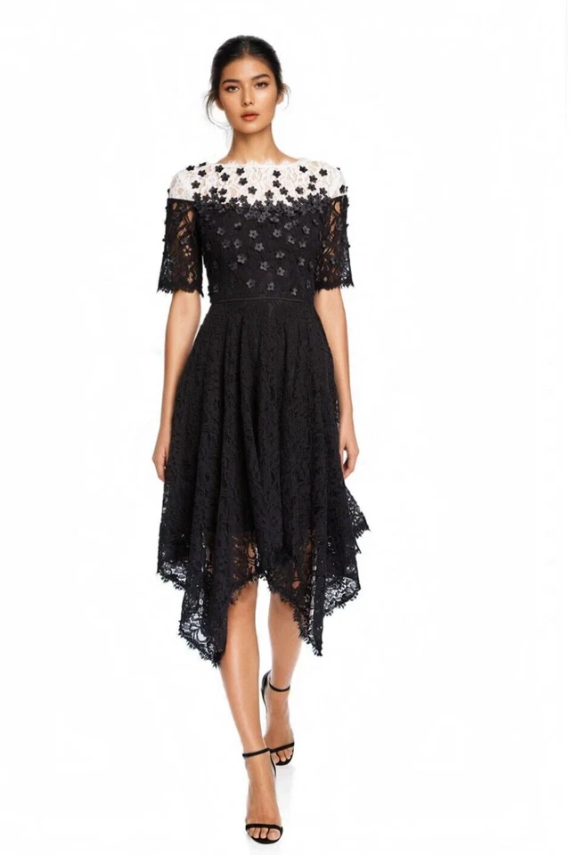 Vestido pañuelo de encaje con apliques florales Shani talla 8 precio de venta sugerido por el fabricante 456 USD negro/blanco Foto 1 de 4