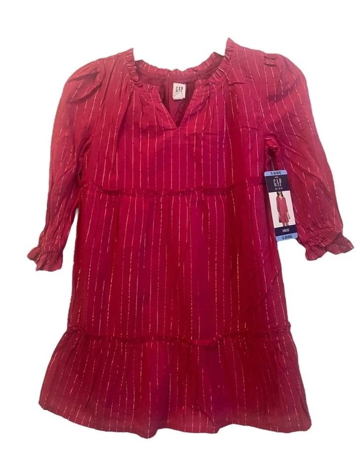 GAP Kids Girls X-Large 14 16 Dress Long Sleeve Ruffle Sleeve Gold Stripes Pink