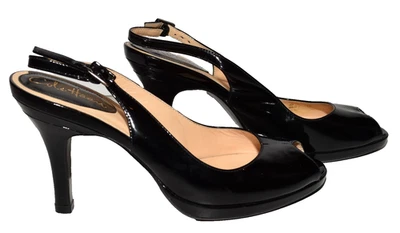 Salto Cole Haan couro preto couro envernizado fivela peep toes tamanho 8M - Imagem 1 de 4