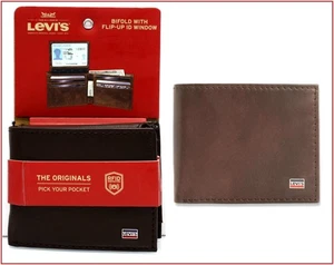 Levis Mens LEATHER BIFOLD Passcase RFID Wallet - FLIP-ID Area - BROWN 🌟NEW🌟 - Picture 1 of 9