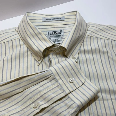 LL Bean Shirt 17 33 Button Up Yellow/ Blue Stripe Wrinkle Resistant Mens Preppy - Image 1 of 4