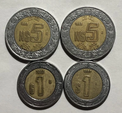 Juego de 4 monedas MÉXICO = 2 1993 $5 PESOS 1 1997 y 1 2002 $1 peso Foto 1 de 2