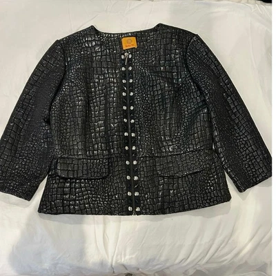 Black faux reptile embossed shimmer zip jacket studs rhinestones metallic thread - Image 1 of 4