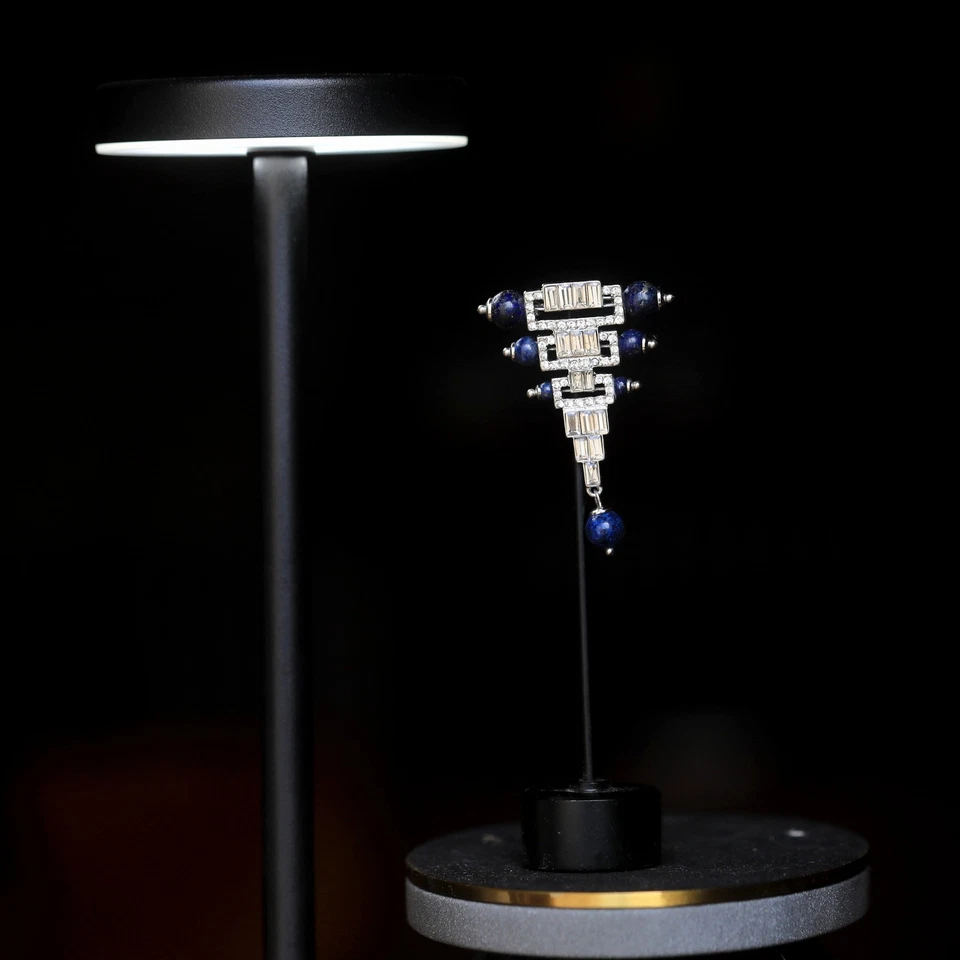 Art Deco Triangle Pearl Lapis Lazuli Blue Silver Plated 925 Silver Brooch QD10 - Image 1 of 4