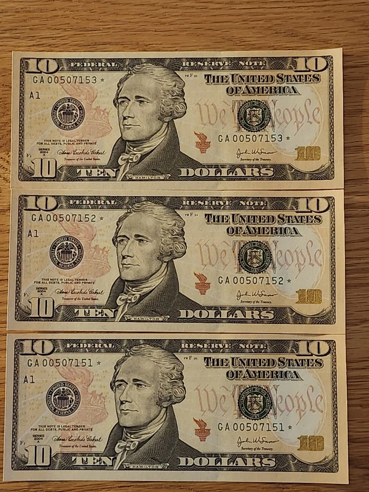 2004A $10 "STAR NOTE" BOSTON DISTRICT UNC/GEM LOT (3) CONS SERIAL # 00 START - Image 1 of 4
