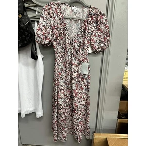 NSR Floral Midi Dress Puff Sleeve Tie Front Cottagecore XS - Picture 1 of 6