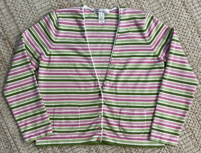 Jones New York 运动开衫毛衣女式 XL 粉红色绿色条纹纽扣春季 — 第 1/4 张图片