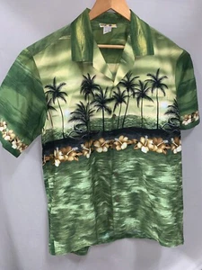 Vintage Hawaiian Shirt Mens XL All Over Print Green Palm Trees Winnie Fashion - Picture 1 of 7