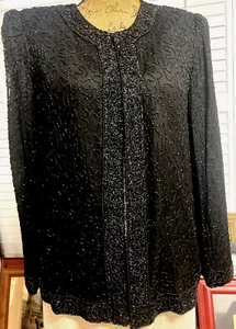 Vintage Beaded Laurence Kazar Black Silk Embellished Evening Jacket Women's XL - Picture 1 of 10