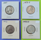 Lot of 4 - 1947 1952 1952-S 1963-D Silver Washington Quarters 25 Cents US Coins