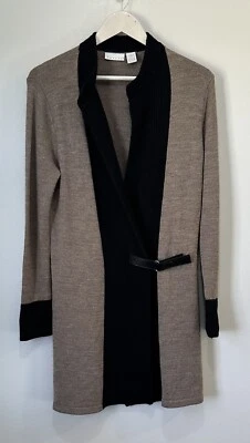 Tweeds Merino Wool Knit Longline Cardigan Black & Tan Womens Medium Foto 1 de 4