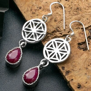 Sterling Silver Pear Cut Ruby Gemstone Drop Dangle Ladies Mandala Earrings - Picture 1 of 5