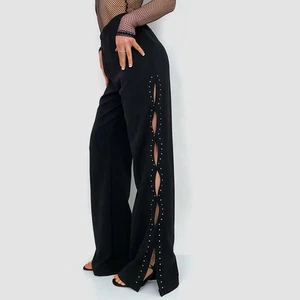 Vtg Y2K Black Cut Out Flare Pants Pull On Slacks Stretchy Rhinestone Large Rave - Picture 1 of 6