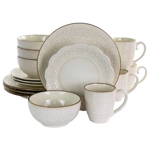 Elama Embossed Scalloped Stoneware Dinnerware Dish Set, 16 Piece, Ivory - Bild 1 von 9