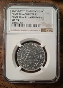 1866 Freimaurer Penny Centralia Illinois Kapitel 93 Aluminium NGC MS-65 - Bild 1 von 2