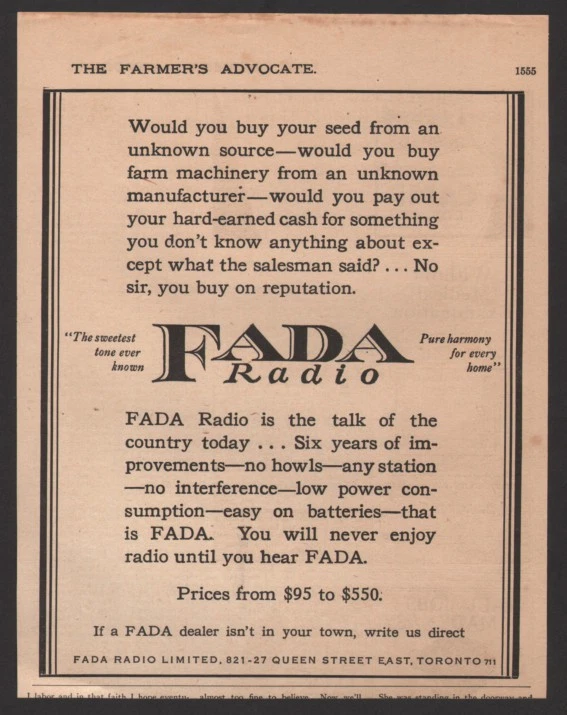 1927 Canadian Fada Radio print ad sweetest tone ever known - Image 1 of 1
