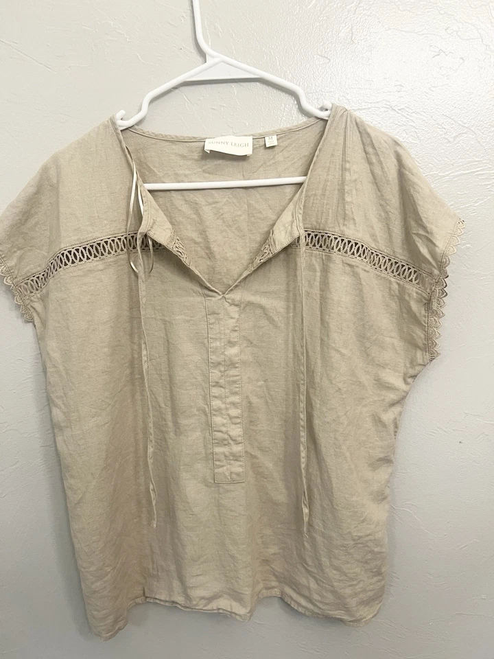 Camisa Blusa Túnica Sunny Leigh Boho Lino Crujiente Cuadrada Tostada Talla Mediana Artística Foto 1 de 4