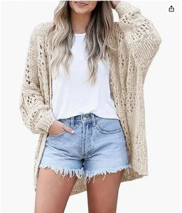 Women's Beige Open Knit Cardigan Sweater Lightweight Long Sleeve Boho Small 1322 - Picture 1 of 7