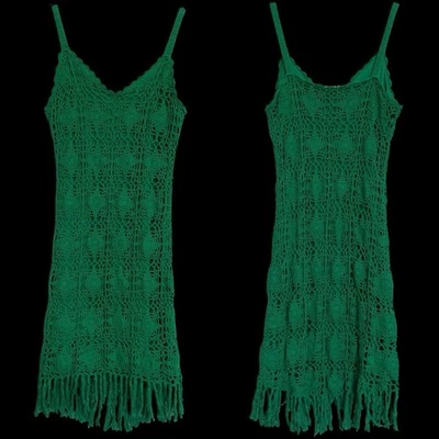 INC International Concepts Kelly Green Crochet Mini Dress Beachy Tassel Hem Boho - Image 1 of 4