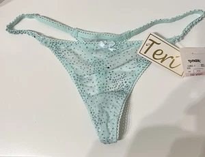 Vintage TERI Sheer Mesh Light Teal Embellished G-string Thong Panty Size M NWT - Picture 1 of 7