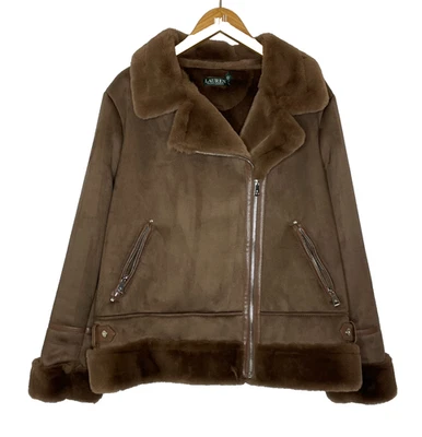 Ralph Lauren Aviador Bomber Piel de Oveja Gamuza Cuero Moto Chaqueta Mujer Marrón M Foto 1 de 4