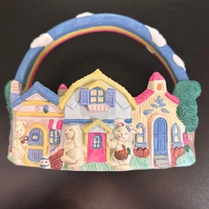 Vintage 1995 ABC Distributing Porcelain Easter Basket Bunnyhouse Village Decor - Picture 1 of 9