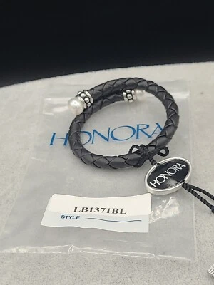 PULSERA HONORA PLATA ESTERLINA PERLAS BRAZALETE CUERO 7" LARGO NEGRO #6 Foto 1 de 4