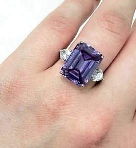 Sterling Silver Cubic Zirconia Purple Gemstone Heart Ring Emerald Cut Size 8.5 - Picture 1 of 11
