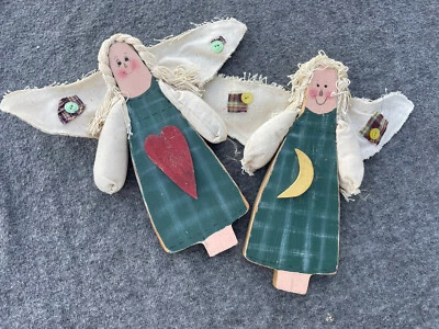 Primitive Wooden Wall Plaques ANGEL Heart & Crescent Moon Dolls SET OOAK❤️ct39j2 - Image 1 of 4