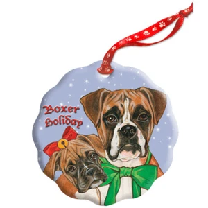 Boxer Holiday Porcelain Christmas Tree Ornament Doube-Sided - Picture 1 of 2
