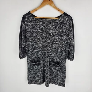 Quelque Tunic Top Womens Size 12 Grey Black Knit Faux Leather Trim 3/4 Sleeve - Picture 1 of 9