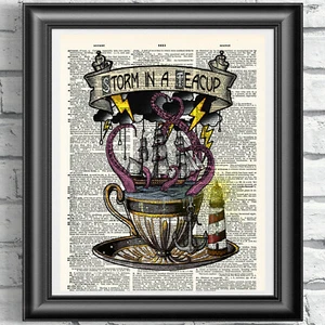 Arte náutico estampado decoración de baño tormenta en taza de té DICCIONARIO ARTE pulpo - Imagen 1 de 2