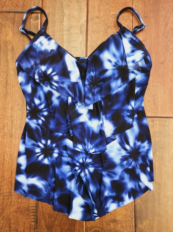 Aqua Green Womens Tiered Tankini Swim Top Size Small Floral Tie-dye Blue