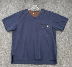 Carhartt Men’s Large Ripstop Utility Scrub Top Blue Short Sleeve V Neck Workwear - Picture 1 of 15