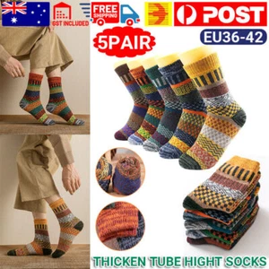 5 Pairs Winter Nordic Wool Blend Cashmere Thick Warm Knitted Thermal Crew Socks - Picture 1 of 18