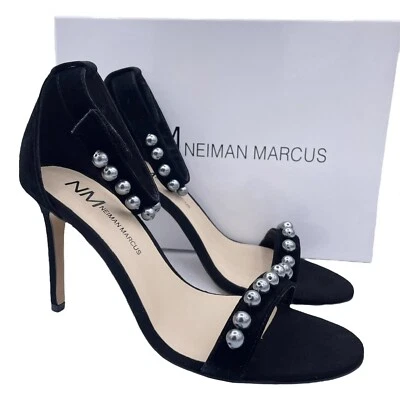 Neiman Marcus Gamuza Perla Correa Tobillo Tacón Alto Sandalias Mujer Talla 8 “Arena” Foto 1 de 4