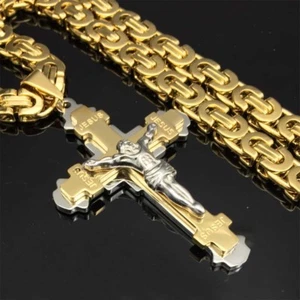 Crucifix Jesus Cross Necklace Stainless Steel Christ Pendant Gold Byzantine 24" - Picture 1 of 8