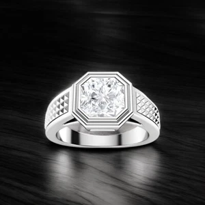 Mens 14K White Gold Ring IGI 1.50 Ct Lab Grown Octagon Cut Diamond Band 9 10 11 - Picture 1 of 10