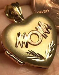 GOLD 14 locket mom mother pendant charm yellow Rose necklace diamond cut 5g .1" - Picture 1 of 12