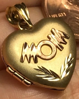 GOLD 14 locket mom mother pendant charm yellow Rose necklace diamond cut 5g .1" - Image 1 of 4