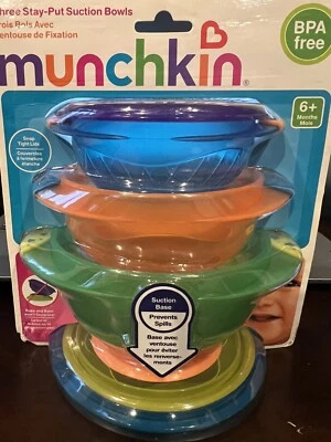 Munchkin Stay Put 吸盘碗,橙色、绿色和蓝色儿童幼儿 3 包 — 第 1/2 张图片