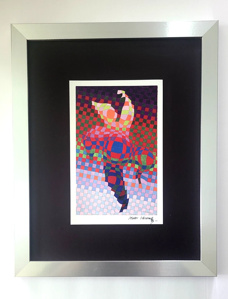 VICTOR VASARELY + IMPRESSÃO ABSTRATA GEOMÉTRICA ASSINADA DE 1970 + NOVA MOLDURA 14x11 polegadas. - Imagem 1 de 3