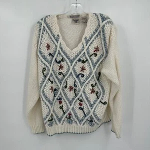 Vintage Huntington Ridge Womens Handknit Sweater Sz L Floral Cottagecore Grandma - Picture 1 of 7