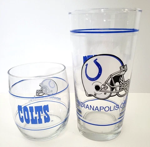 VINTAGE INDIANAPOLIS COLTS PINT GLASS & ROCKS GLASS SET OF 2 NFL MOBIL 1980's Cover