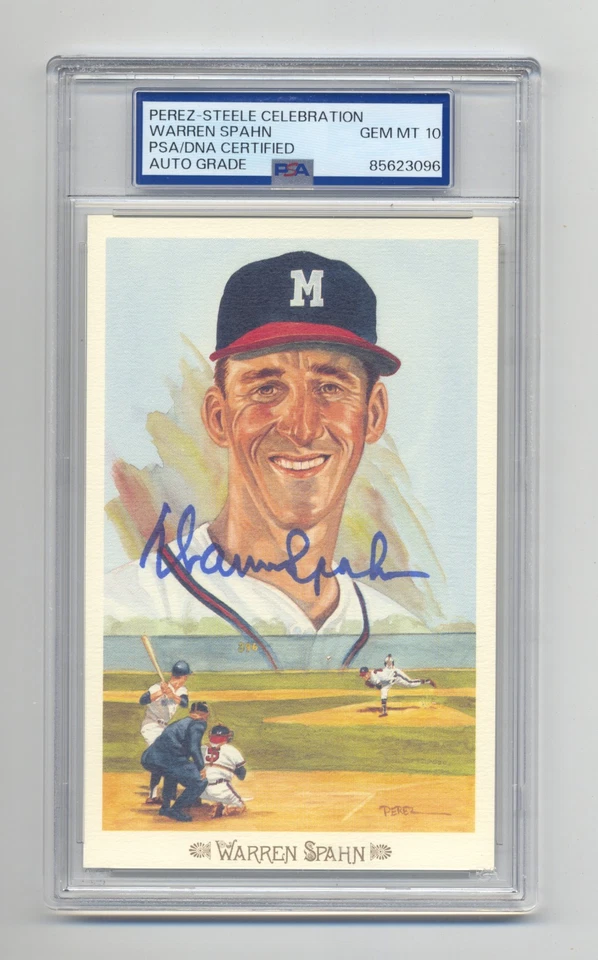 SUPERB WARREN SPAHN GEM MINT 10 PSA/DNA   SIGNED  PEREZ STEELE CELEBRATION CARD - Image 1 of 1