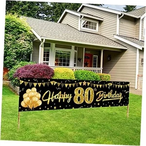 Happy 80th Birthday Banner Decorations for Women Men, Black Gold 80 Birthday - Picture 1 of 7
