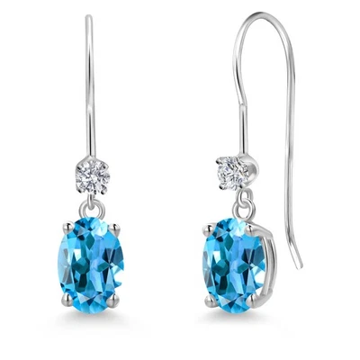 14K White Gold Swiss Blue Topaz and Lab Grown Diamond Earrings for Women | 2.13 - Image 1 of 4